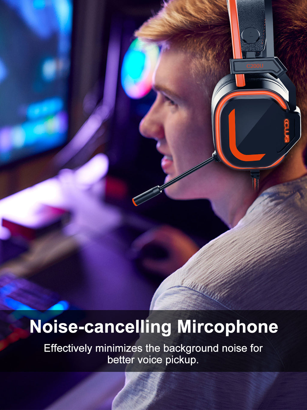 200U Wired Gaming Headset With Noise-Canceling Microphone, 7.1 Surround Sound USB Headset with 50 mm Audio Drivers, USB Jack for Xbox One X/S Ps5, Ps4, PC Switch Console, Orange