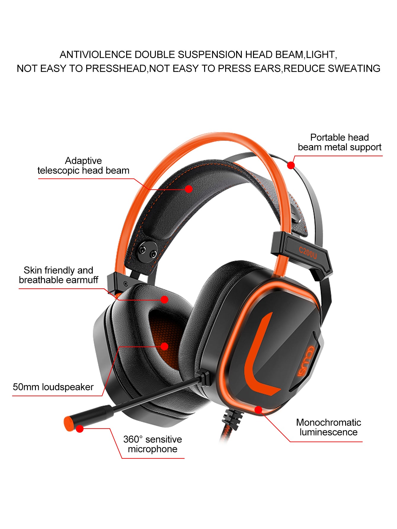 200U Wired Gaming Headset With Noise-Canceling Microphone, 7.1 Surround Sound USB Headset with 50 mm Audio Drivers, USB Jack for Xbox One X/S Ps5, Ps4, PC Switch Console, Orange