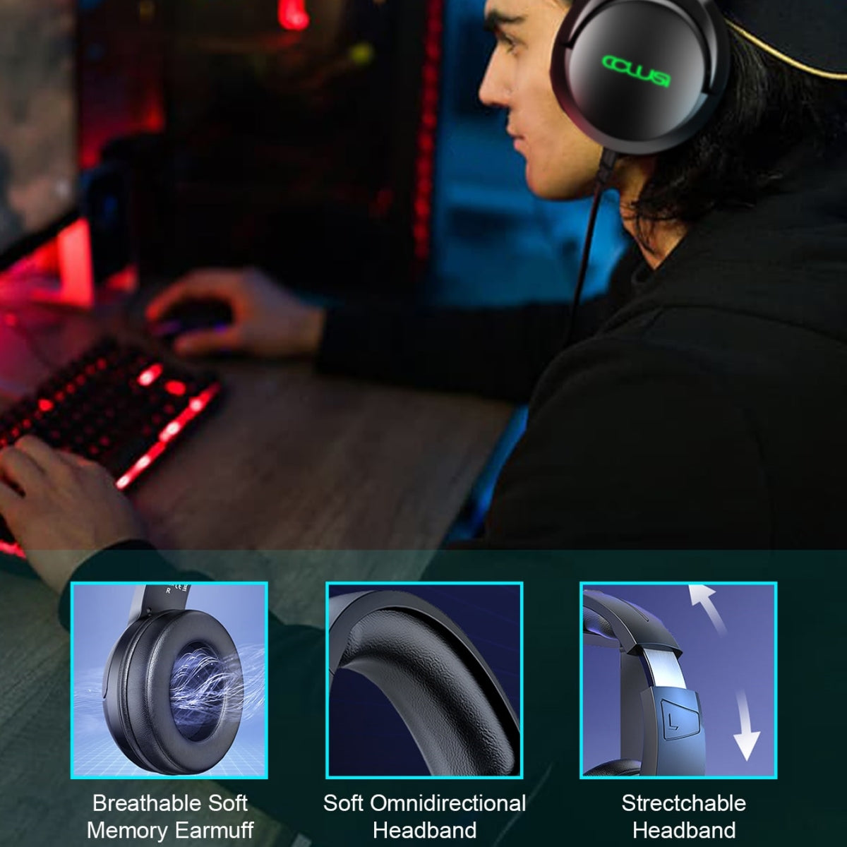 C600 RGB Gaming Headset for PS4 Xbox One Switch, Gamer Over-Ear Headphones with Noise Cancelling Microphone and Breathable Ear Pads, Game Headset for Laptop PC