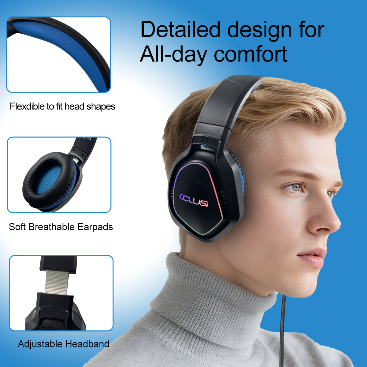 COLUSI Gaming Headset with Mic & Light, Compatible with PS5/PS4/Xbox/Switch/PC/Mac, Over-Ear Headphones