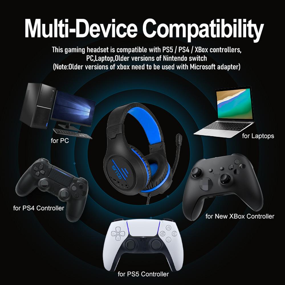 C100 PS4 Gaming Headset with Microphone for Xbox One, PS5, PC, Laptop, Adjustable Wired Headband Gaming Headset with Soft Earmuff, Blue Headset