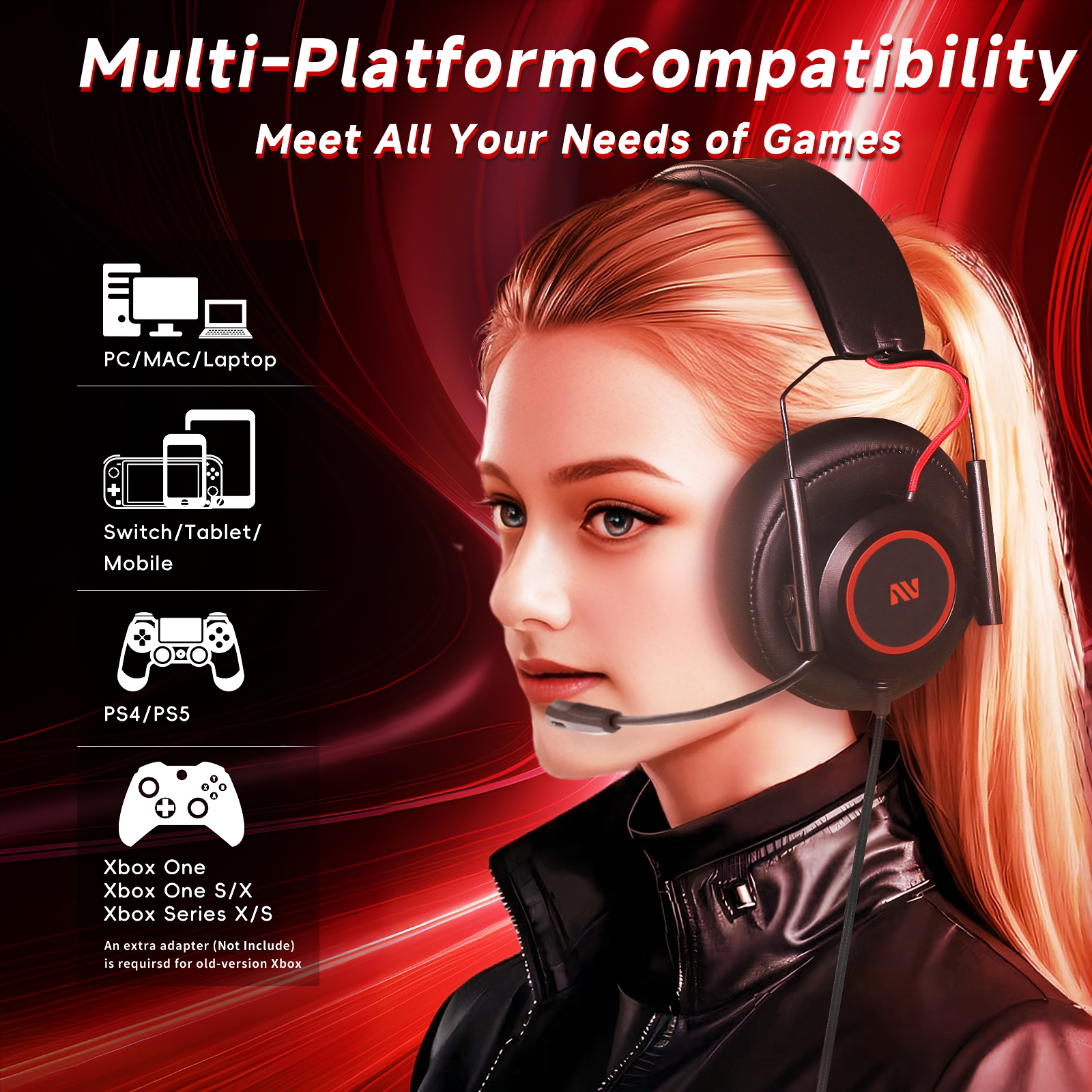 M21 PS5 Gaming Headset with Mic, Wired Gaming Headset for PC, Laptop, PS4/Xbox One Controller, 3.5MM Audio Jack, Black+Red